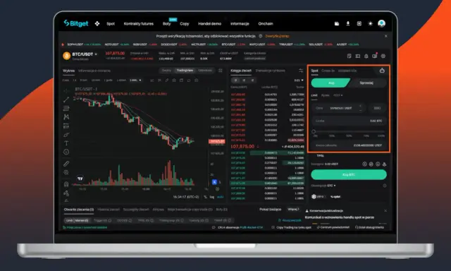 Zlecenie OCO na platformie Bitget. Wykres BTC/USDT, księga zleceń i okno kupna/sprzedaży.
