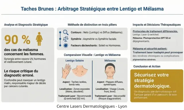 Comparaison visuelle entre lentigo solaire et mélasma, avec des illustrations et des conseils de traitement.