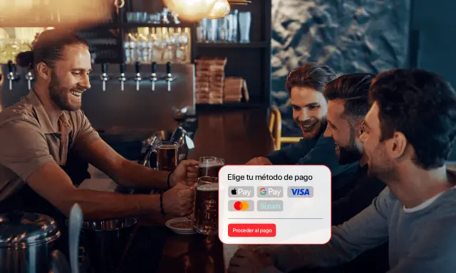 Un camarero sonriente ofrece servicio en barra a un grupo de amigos. Se muestra una interfaz para elegir método de pago.