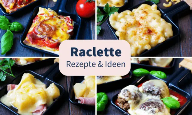 Vier kleine Pfännchen mit geschmolzenem Käse, Pizza, Fleischbällchen und Schinken-Ananas-Kombinationen. Tolle Raclette Ideen für jeden Geschmack!