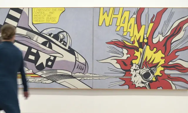 A 1950s pop art diptych depicts a jet firing rockets, with "WHAAM!" exploding in vibrant colors.