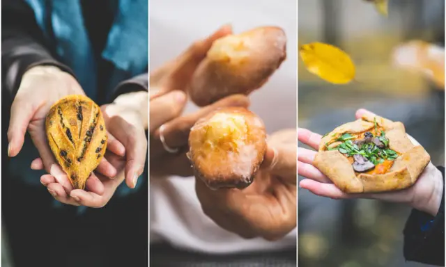 Trois gourmandises : un pain aux pépites de chocolat, des madeleines glacées et une galette salée aux champignons. Des produits typiquement parisiens à savourer.
