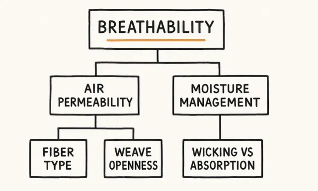 Flowchart explaining breathability in fabrics, detailing air permeability (fiber type, weave openness) and moisture management (wicking vs. absorption).