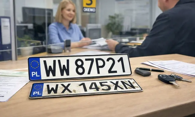 Tablice rejestracyjne WW 87P21 i WX 145XN leżą na biurku, obok kluczyków do samochodu i długopisu. W tle urzędniczka pomaga klientowi w procesie rejestracji.