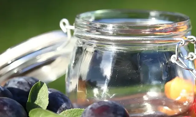 Ein Glas mit frischen Pflaumen und Beeren, bereit für Marmelade. Vorsicht bei der Zubereitung, um Botulismus zu vermeiden.