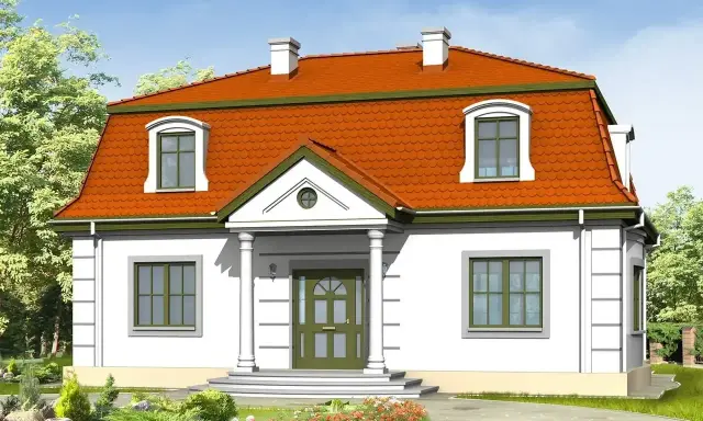 Dom z mansardowym dachem, który jest przykładem tego, co to jest mansarda. Okna dachowe dodają uroku.