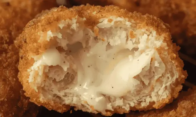 Un cordon bleu croustillant, coupé en deux, révèle un cœur fondant et crémeux.