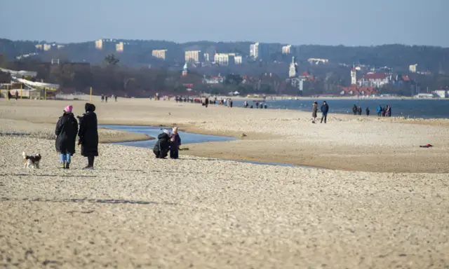 Spacerem po piaszczystej plaży w Jelitkowie, z widokiem na morze i miasto w tle. Ludzie spacerują, bawią się z psem.