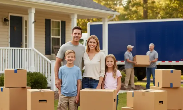 Famille souriante devant sa nouvelle maison, entourée de cartons. Des déménageurs chargent un camion, signe qu'ils sont en train d'organiser leur déménagement.