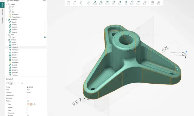 Modellazione 3D di un componente con software CAD CAM CNC. Il modello presenta dettagli precisi e quote dimensionali.