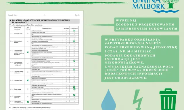 Formularz "wniosek o wymianę dowodu osobistego" z danymi dotyczącymi infrastruktury technicznej.