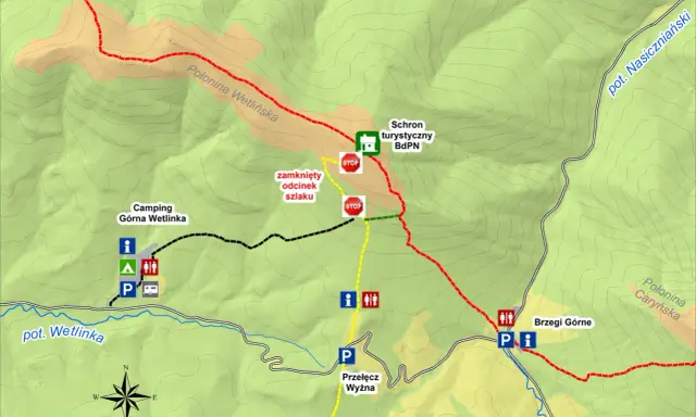 Mapa turystyczna z zaznaczonymi szlakami, schroniskiem BdPN, campingiem Górna Wetlinka i informacją o zamkniętym odcinku szlaku na Połoninie Wetlińskiej.