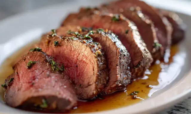 Skivat oxfilé med örter i en mustig sås. Perfekt för ett lyxigt oxfile recept.