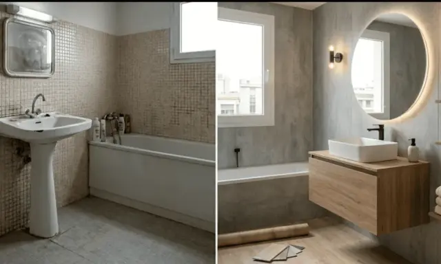 Baño renovado con revestimiento de paredes sin obras. Antes, azulejos viejos; ahora, moderno y elegante.