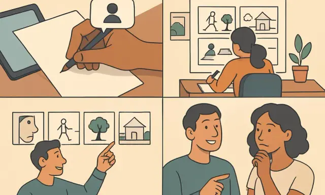Un uomo e una donna discutono, mentre un altro uomo indica delle immagini. Il reportage significato è nel processo di raccolta e presentazione di informazioni.