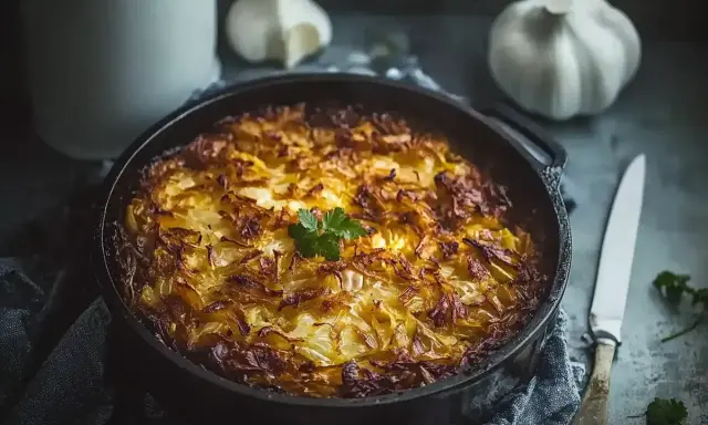 En gyllene kålpudding i gjutjärnspanna, redo att serveras. Perfekt för ett mysigt kålpudding recept.