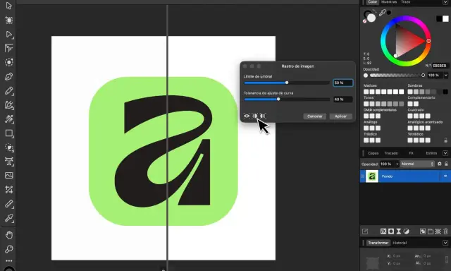 Interfaz de software de diseño gráfico, con un logo "a" en formato vector y opciones de ajuste de imagen.