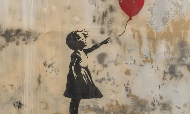 Girl reaching for a red heart balloon, a poignant scene from Banksy's most expensive art, "Girl with Balloon.