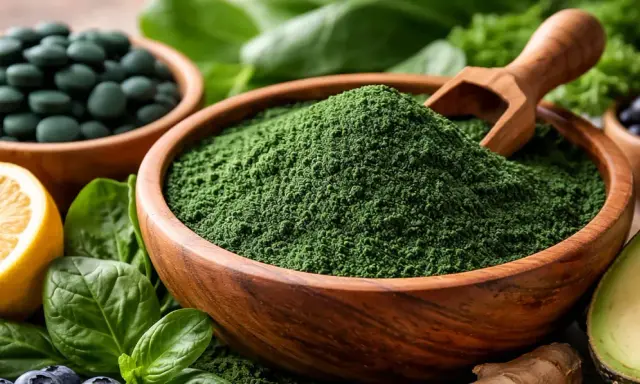 Zielony proszek spiruliny w drewnianej misce, obok tabletek, cytryny, jagód i awokado. To jest spirulina, co to za superfood?