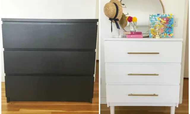 Före- och efterbild på en mörk byrå som fått en ljus malm byrå makeover med nya ben och guldfärgade handtag.