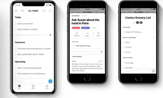 Trois écrans d'une application d'organisation sur iPhone : une liste de tâches, le détail d'une tâche et une liste de courses.