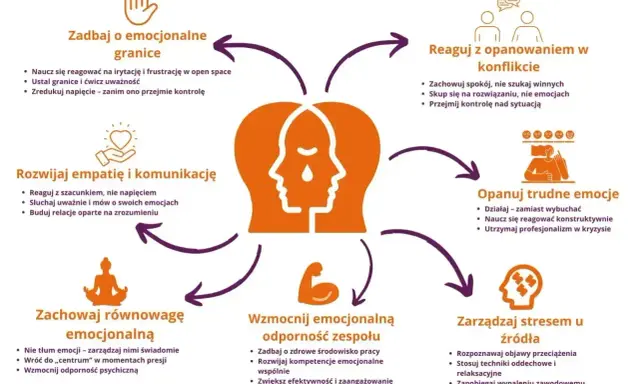Schemat pokazuje, jak zarządzać emocjami w pracy, by unikać konfliktów i stresu. To jak znaki od boga, wskazówki do lepszego życia.