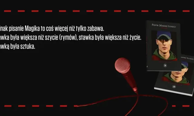 Piotr (Magik) Łuszcz, magic raper, w okładce książki "Excalibur". Mikrofon i tekst o sztuce.