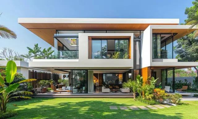 Une maison futuriste aux lignes épurées, avec de grandes baies vitrées, des balcons et une végétation luxuriante.