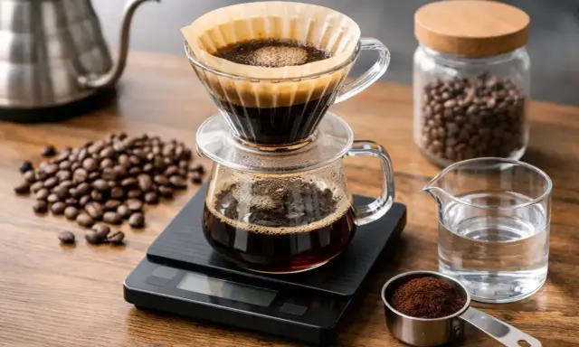Ein detailliertes Kaffee-Rezept: Kaffeebohnen, gemahlener Kaffee, Wasser und ein Filter-Kaffeebereiter auf einer Waage.
