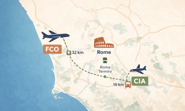 Mapa pokazuje lotniska Włoch: FCO (32 km od Rzymu) i CIA (15 km od Rzymu).