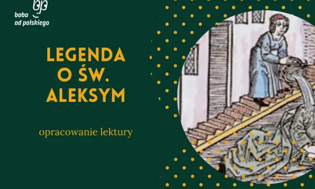 Ilustracja z legendy o św. Aleksym: postać w niebieskiej tunice nalewa wodę na leżącą postać.