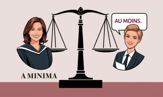 Une balance de justice sépare deux avocates. L'une, en robe, dit "À minima", l'autre, en costume, répond "AU MOINS.".