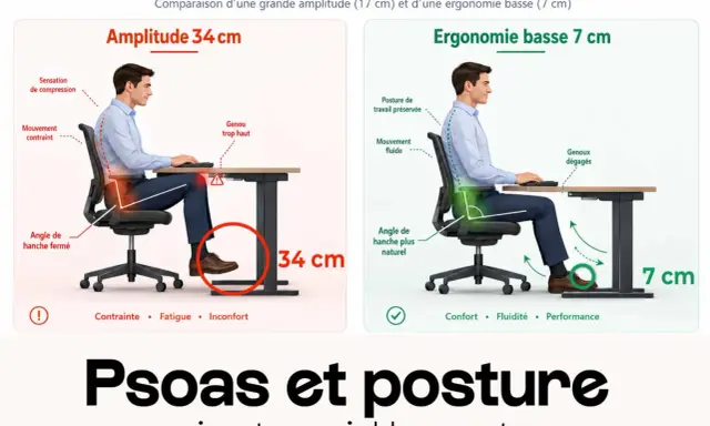 Comparaison de deux postures assises : une avec amplitude 34 cm (contrainte, fatigue) et une ergonomique à 7 cm (confort, fluidité). La signification des postures assises est claire.