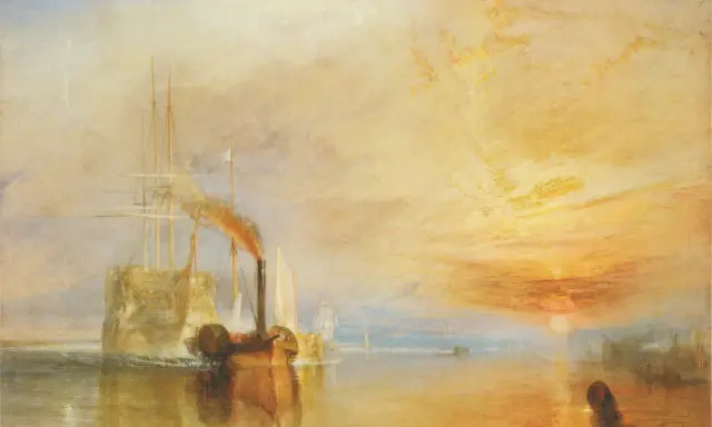 Dampfschiff zieht an Segelschiff vorbei im Sonnenuntergang, ein Meisterwerk bekannter Landschaftsmaler.