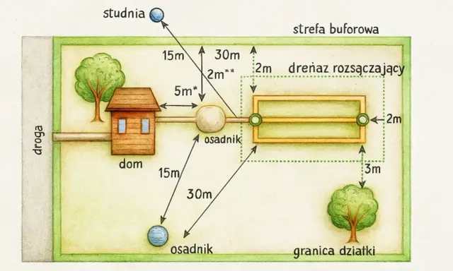 Schemat pokazuje warunki budowy oczyszczalni przydomowej: dom, osadnik, drenaż rozsączający, studnia i drzewa z wymiarami odległości.