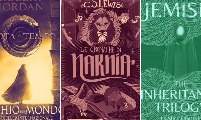 Copertine di libri fantasy: "La Ruota del Tempo", "Le Cronache di Narnia" e "The Inheritance Trilogy".