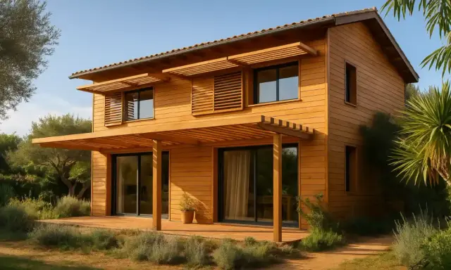 Belle maison ossature bois, avec pergola et volets en bois. Avis positif sur cette construction écologique et chaleureuse.
