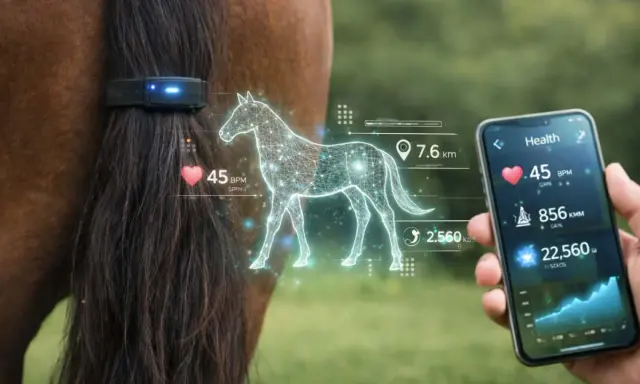 Pferd mit einem Horse Tracker am Schweif. Daten wie Herzfrequenz und Distanz werden auf einem Smartphone angezeigt.