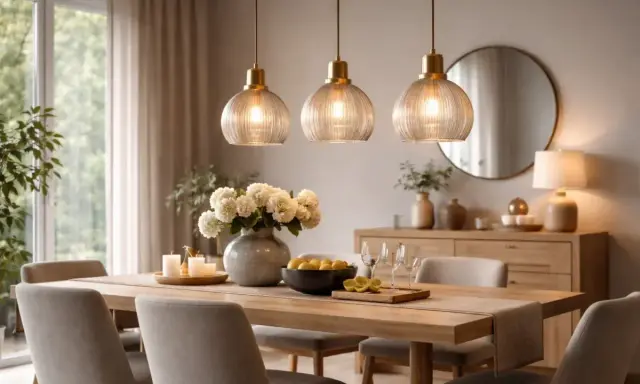 Elegancka lampa listwa wisząca nad drewnianym stołem, przy którym stoją szare krzesła. W tle komoda z dekoracjami i lustro.