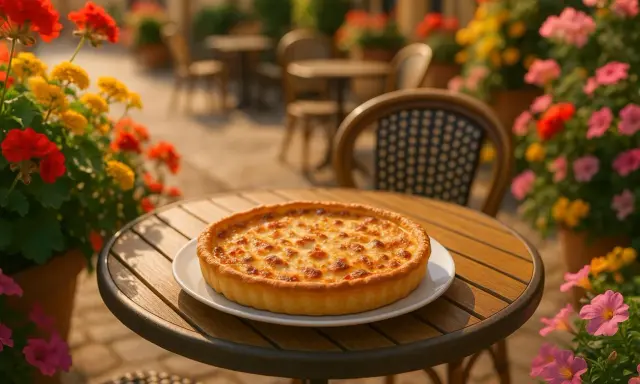 Une quiche lorraine dorée, spécialité de Metz, sur une table de terrasse fleurie.