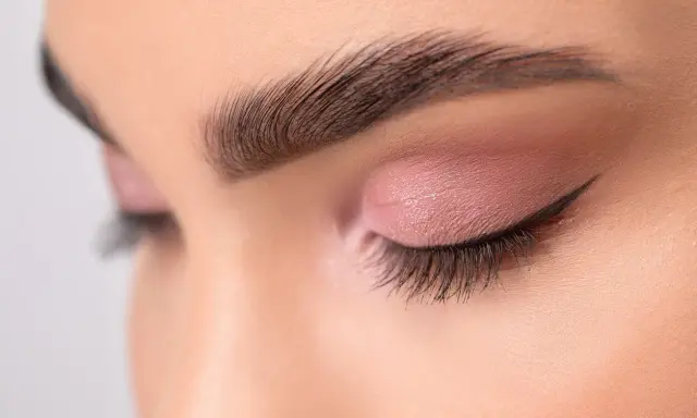 Ojo cerrado con sombra rosa y delineado fino, mostrando diferentes tipos de raya del ojo.