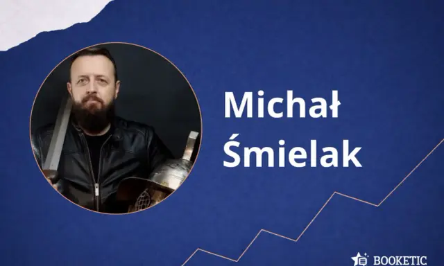 Michał Śmielak, autor książek o historii, prezentuje się z mieczem i hełmem. Kolejność jego publikacji czeka na odkrycie.