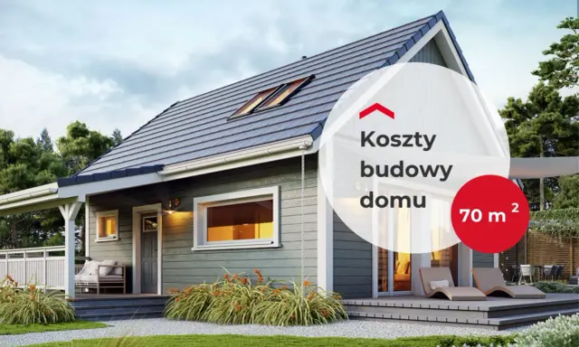 Koszty budowy domu 70m²: nowoczesny, parterowy dom z tarasem i dużymi oknami, otoczony zielenią.