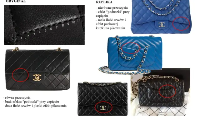 Oryginalna metka Karl Lagerfeld na torebce Chanel. Porównanie detali oryginału i repliki.