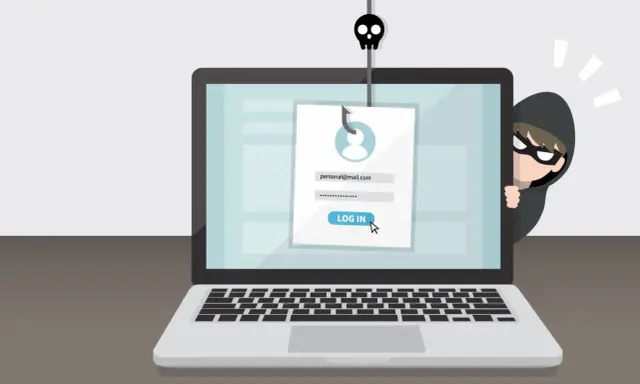 Ein Hacker lauert hinter einem Laptop, der eine gefälschte Login-Seite anzeigt. Ein Fischhaken mit Totenkopf symbolisiert, wie funktioniert phishing.