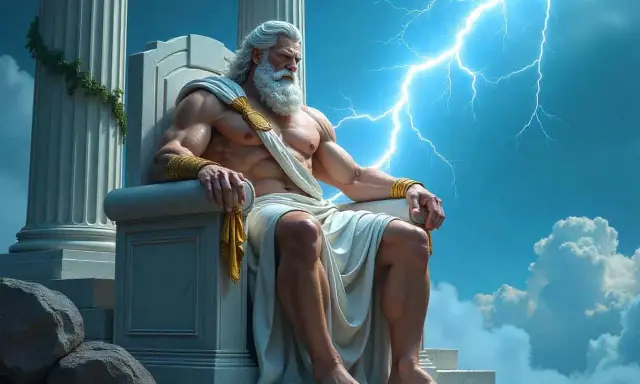 Zeus, König der Götter, thront mit mächtigem Bart und Blitz im Himmel. Ein Bild aus der Zeus Mythologie.