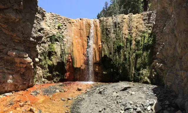 La cascada de colores la Palma, con sus tonos ocres y verdes, cae sobre rocas y vegetación exuberante en un cañón.