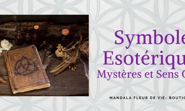 Livre ancien avec symbole de l'âme, bougies et herbes. Titre : Symboles Ésotériques : Mystères et Sens Cachés.