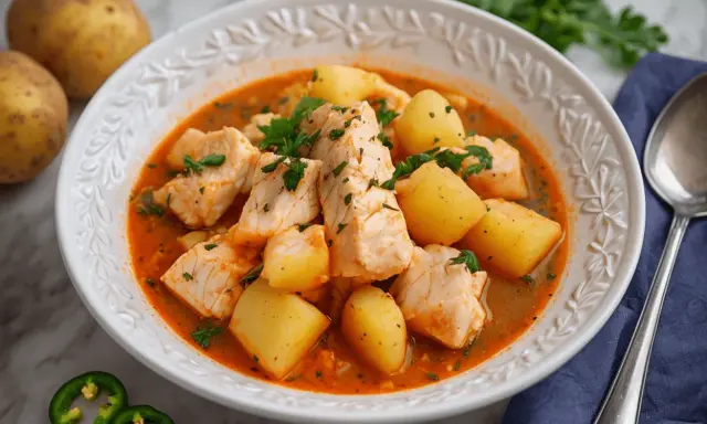 Un reconfortante plato de patatas con bacalao, con trozos de pescado blanco tierno y patatas cocidas en una sabrosa salsa roja, adornado con perejil fresco.