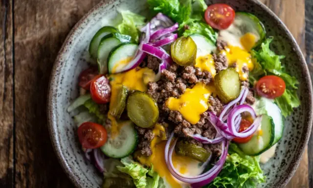 Leckerer Cheeseburger Salat mit Hackfleisch, Käse, Gurken, Tomaten und Zwiebeln auf knackigem Salatbett.